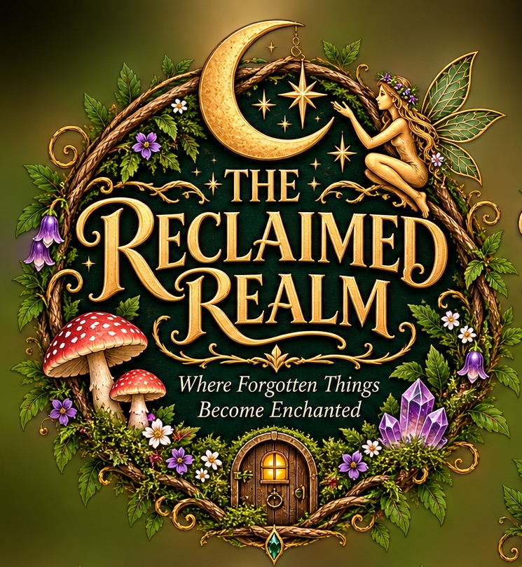 The Reclaimed Realm emblem: a crescent moon, a fairy, mushrooms and a tiny wooden door in a wreath of leaves, with the words Where Forgotten Things Become Enchanted